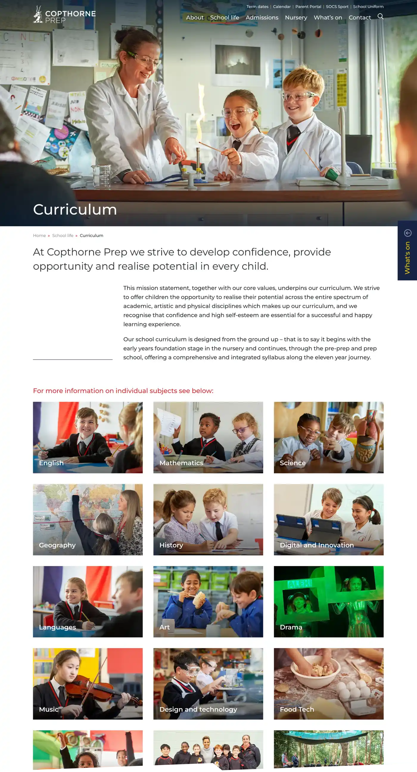 Copthorne Prep School website - Curriculum page
